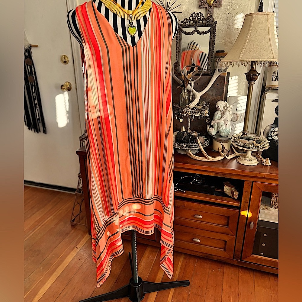 Vince Camuto Beautiful Fall Oranges Asymmetrical Tunic Striped Lined Dress XS/TP